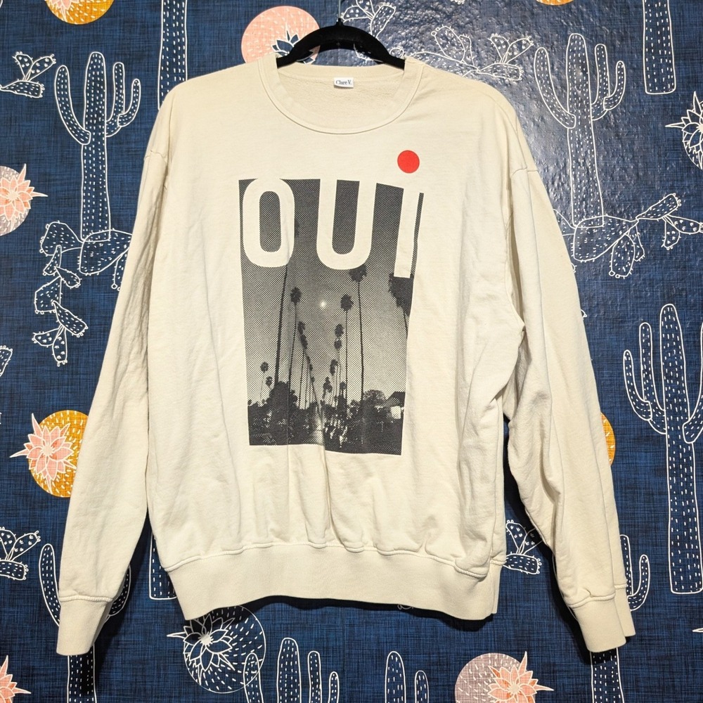 Clare V. Cotton Oui Palm Tree Graphic Crew Neck Sweatshirt Cream Women's Size S - Picture 5 of 11